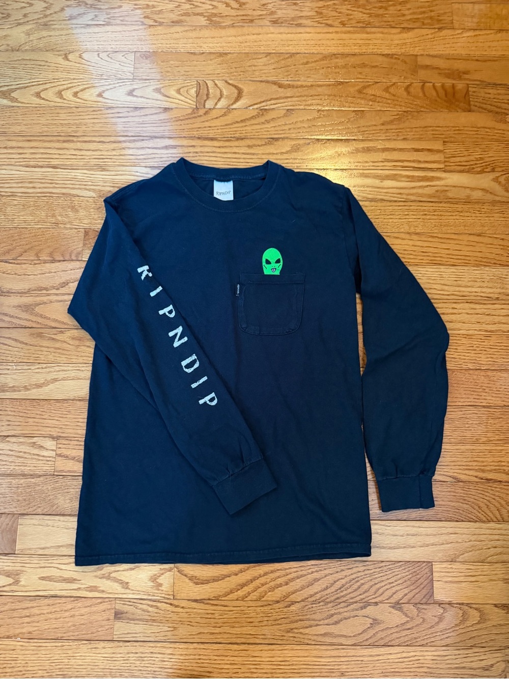 Ripndip Black Long-Sleeve Pocket Tee with Neon Green Alien